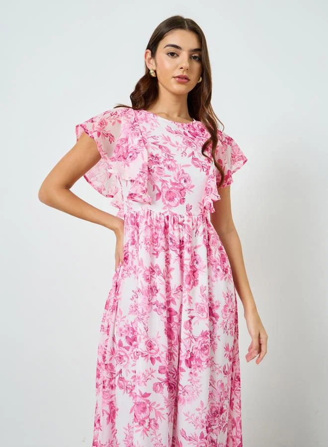 Styli Women Pink Floral Print Ruffled Sleeves Maxi Dress